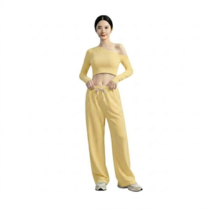 Pantalon large en tricot uni pour femme, taille haute, cordon élastique, coupe ample, décontracté, printemps, longueur entière, jaune - Product Image 1