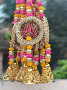 Pink Lotus MDF Wall Hanging with Golden Ring, Pom Pom & Bell Tassel Garland for Diwali, Wedding, Navratri Ganesh Chaturthi Decor - Product Image 6