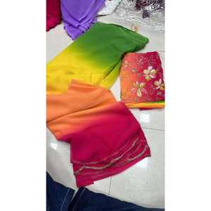 FANCY GEORGETTE MANO TRABAJO FRONTERA SAREE CON BLUSA SIN COSTAR MULTI - Product Image 1