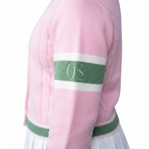 Cardigan en tricot respirant à motif torsadé en coton, style preppy, avec lettres AK, vert et rose, pour femmes, vêtements grecs, vente en gros - Product Image 6