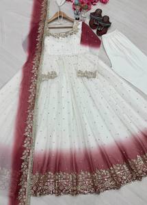 Conjunto de Salwar Kameez Anarkali de Georgette con Degradado Rojo Crema, Dupatta Bordada, para Mujer, Largo hasta el Suelo, de Secado Rápido, para Fiestas y Bodas - Product Image 4