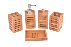 Juego de Baño Moderno y Ecológico de Cuatro Piezas de Madera, Dispensador de Jabón, Porta Pasta de Dientes y Porta Jabón a Bajo Precio - Product Image 3