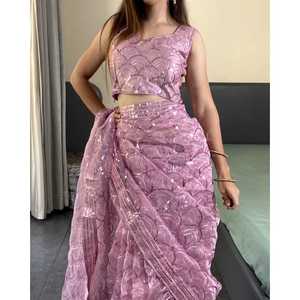 Saree ผ้าชีฟองดีไซเนอร์กับ zari dori และขอบลูกไม้ปัก - Product Image 4