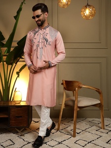 Ensemble Kurta Pyjama en Soie Rose pour Homme, Coupe Classique, Style Traditionnel Indien et Pakistanais, Longueur Genou, Idéal pour Mariage - Product Image 3