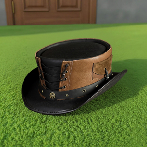 Chapeau haut de forme en cuir noir et marron fait main, style corset cintré, gothique / steampunk, cadeau pour lui - Product Image 1