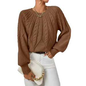Suéter de Punto Trenzado de Color Sólido para Mujer, Cuello Redondo Vintage, Manga Larga, Puños Acanalados, para Atuendos Casuales Diarios - Product Image 1