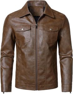 Men'<b>s</b> Brown Cognac PU Faux Leather Trucker <b>Jacket</b> Pointed Lapel Collar Dual Chest Flap Snap Pocket Center Front Zipper Vintage - Product Image 6