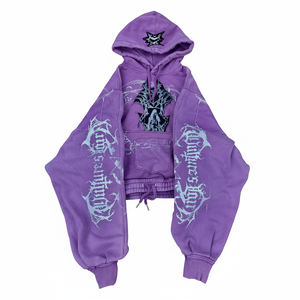 Hoodie court imprimé gothique Y2K personnalisé en molleton de coton épais violet pour homme, style streetwear - Product Image 4