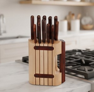 Support de couteaux en bois pour comptoir, organisateur de rangement de cuisine avec design bicolore, présentoir et support pour ustensiles - Product Image 6