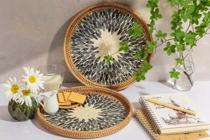Meilleur choix pas cher prix écologique laque incrusté plateau rotin décor plateaux DHT artisanat vietnam - Product Image 4