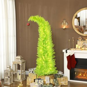 Albero di Natale Fantasioso con Cima Curva di 1,8 m, con Palline Rosse, Base in Metallo, Preilluminato con 230 Luci LED per Decorazioni - Product Image 2