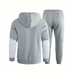 Ensemble survêtement décontracté pour homme, gris et blanc, avec sweat à capuche et pantalon de jogging, fermeture éclair frontale, respirant, style patchwork, pour l'automne - Product Image 2