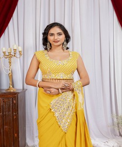 Sari prêt-à-porter style boutique, tenue indienne traditionnelle, collection de vêtements de soirée, mode modeste, broderie en georgette lourde - Product Image 3