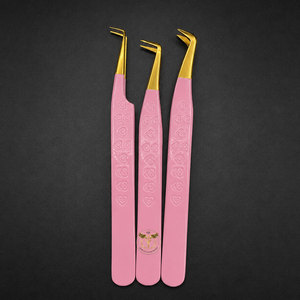 Custom Logo <b>Pink</b> Eyelash Extension Tweezers <b>Set</b> Gold Stainless Steel Lash Tweezers Professional Beauty Salon <b>Tools</b> - Product Image 3