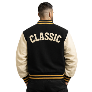 Blouson universitaire tendance noir et crème avec lettres personnalisées et écussons brodés - Unisexe, style Letterman pour la mode - Product Image 6