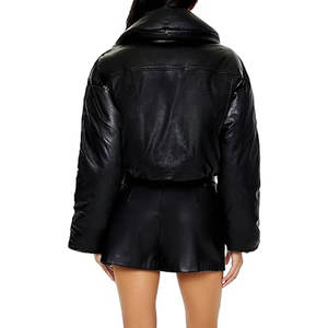 Veste courte matelassée en PU noir, col montant, fermeture éclair, coupe-vent, style streetwear - Product Image 4