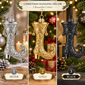 Ornement de Noël de luxe en métal argenté gaufré en forme de botte, à suspendre, avec clochettes, pour décoration festive de sapin de Noël - Product Image 4