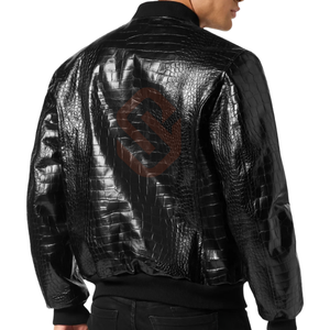 Blouson bomber en cuir de crocodile noir pour homme, véritable blouson bomber en cuir de luxe à imprimé crocodile exotique pour les jeunes étudiants - Product Image 5