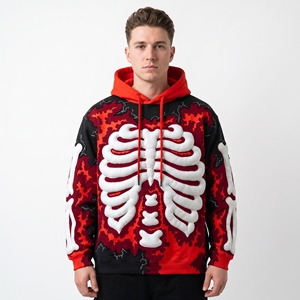 Sudadera con Capucha Unisex Dumela, Diseño Gótico con Esqueleto en Relieve Digital, Corte Holgado, 100% Algodón, Patrón Rojo y Negro, Ropa de Invierno - Product Image 4