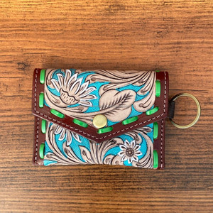 Western Women <b>Mini</b> <b>Hand</b> Tooled Leather Key Chain Coin Purse Minimalist Genuine Leather Floral Small Pouch Most Practical Wallets - Product Image 3