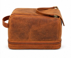Gravs Premium Genuine Leather Eco-Friendly Waterproof Vintage Soft Handle Large Capacity Travel Dopp Kit Zipper Cosmetic <b>Case</b> - Product Image 4