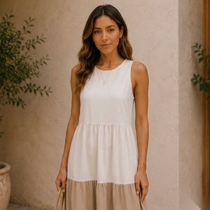 Vestido Midi sin Mangas con Cuello Redondo, de Fibra de Algodón, con Capas, Corte Holgado, Informal, para Verano, Color Sólido, Cintura Natural - Product Image 6