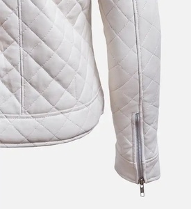 Women's White <b>Quilted</b> Motorcycle <b>Jacket</b> Full Sleeve Mandarin Collar Zipper Closure Regular Length Solid <b>Pattern</b> Anti-UV Leather - Product Image 4