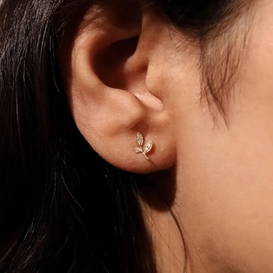 Leaf Shape Round Brilliant Cut Lab Grown Diamond Stud Dainty Earrings 14K Gold Fine Jewelry Wedding Party Bridal Gift for Lovers - Product Image 2