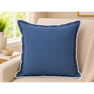 Housse de coussin en lin de qualité supérieure avec bord festonné |   Housse de coussin décorative bleue avec passepoil contrastant pour canapé et décoration intérieure - Product Image 1