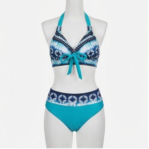 Ensemble de bikini à imprimé géométrique pour femmes, maillot de bain deux pièces à taille haute, extensible, en spandex et polyester - Product Image 1