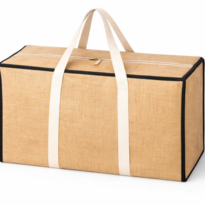 Sac de rangement en jute naturel durable avec fermeture éclair, grande capacité, organisateur écologique avec poignées en coton - Product Image 1