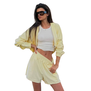 Conjunto de 2 Piezas para Mujer, Color Amarillo, Casual, Tejido de Algodón, Corte Regular, Sudadera con Capucha y Cierre, Pantalones Cortos hasta la Rodilla, Transpirable, con Cordón Ajustable, Primavera - Product Image 5