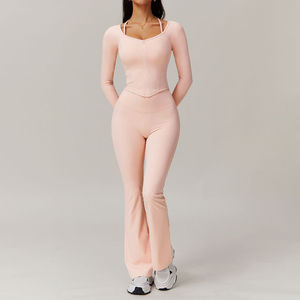 Women's Adults Summer Solid <b>Purple</b> <b>Long</b> <b>Sleeve</b> Crop <b>Top</b> Flared Leggings Set Square Collar Zipper Detail Breathable Knitted - Product Image 6