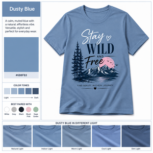 เสื้อยืดคอกลมสีน้ำเงินแบบกำหนดเองสำหรับผู้หญิง แขนสั้น พิมพ์ลาย Stay Wild Free ผ้าฝ้าย 100% สวมใส่สบาย ระบายอากาศได้ดี ทรงปกติ น้ำหนัก 180 กรัม - Product Image 1