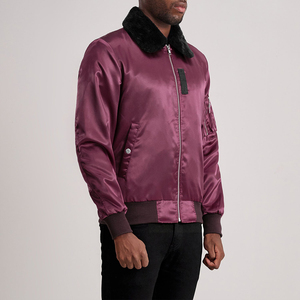 Men Classic Maroon Satin Bomber <b>Jacket</b> with Black Faux Fur Collar Zipper Up Shiny Silk Flight <b>Jacket</b> Casual Winter Outerwear - Product Image 2