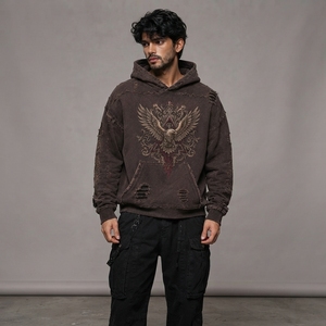 Casual Cotton Blend <b>Pullover</b> Sweatshirt Soft Washed Fabric Detailed Embroidery Design <b>Men</b> Distressed Embroidery Hoodies - Product Image 3