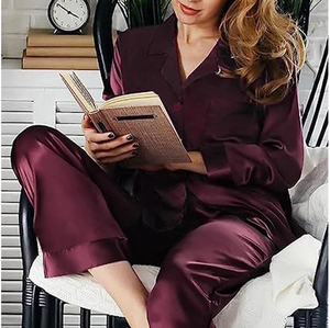 Conjunto de Pijama de Satén para Mujer, Manga Larga, Color Sólido, Elegante, Cuello Camisero, Cierre de Botones - Product Image 3
