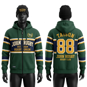 Sweat à capuche rugby en molleton de coton et polyester 320 GSM premium, vert marine, avec empiècements rayés, logo personnalisé brodé et imprimé. - Product Image 6