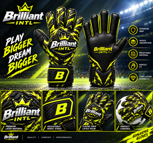 Gants de gardien de but Brilliant INTL Training, noir et jaune, en latex premium, avec sangle de poignet réglable, paume antidérapante sans doigts, contrôle parfait. - Product Image 1