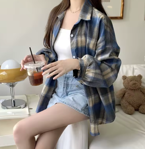 Flannel Plaid Shirt Women Long Sleeve Collared Button <b>Down</b> Oversized Check Blouse Shacket Female Street Style Casual Outfit - Product Image 3