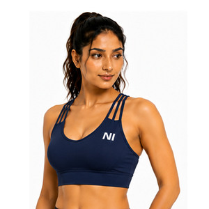 Women Seamless Sports Bra Crisscross Straps Scoop Neck Medium Support Breathable Fitness Workout Top Solid Navy Blue Nofyan Ind - Product Image 2