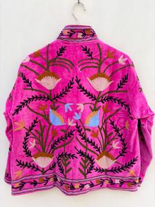 Veste matelassée vintage en velours rose faite à la main pour femmes, avec broderie florale, col mandarin, manches longues en coton, vêtement d'extérieur - Product Image 2