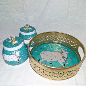 Metal Pichwai <b>Tray</b> Set with Jar for Diwali Gifting-Traditional Design - Product Image 2