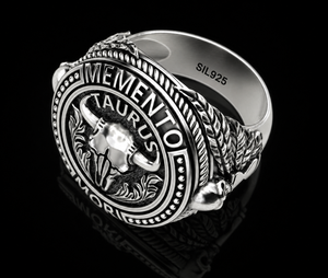 925 Sterling Silver Black Oxidized Taurus Memento Mori Bull <b>Skull</b> <b>Ring</b> - Product Image 3