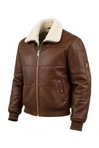 Blouson aviateur en cuir véritable marron pour homme avec col en fourrure sherpa crème - Style classique d'hiver, blouson aviateur B3 - Product Image 2