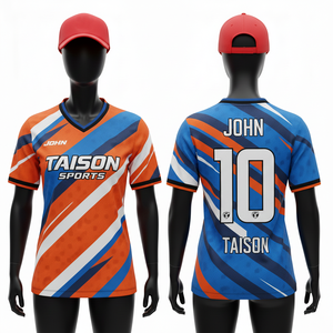 Maillot de football pour femmes 160GSM en polyester respirant micro-mesh orange et bleu avec empiècements diagonaux, sublimation, logo personnalisé - Product Image 1