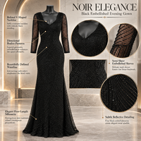 Robe de sirène noire à perles géométriques avec manches longues transparentes et décolleté en V |   Robe de soirée longue pour les occasions formelles