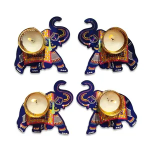 Wood Elephant <b>Tea</b> <b>Light</b> <b>Holder</b> with Colorful Pattern for Home Decoration - Product Image 3