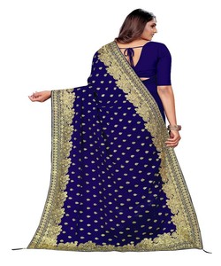 Sari de seda azul real con bordado dorado para bodas indias, ropa de fiesta para mujer, sari étnico tradicional, listo para enviar - Product Image 4