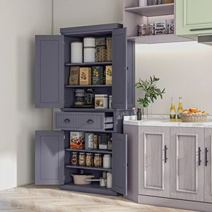 Armadio Dispensa da Cucina Moderno Blu Navy da 72 Pollici con 4 Ante, 3 Ripiani Regolabili e Ampio Cassetto Centrale in Metallo - Product Image 2